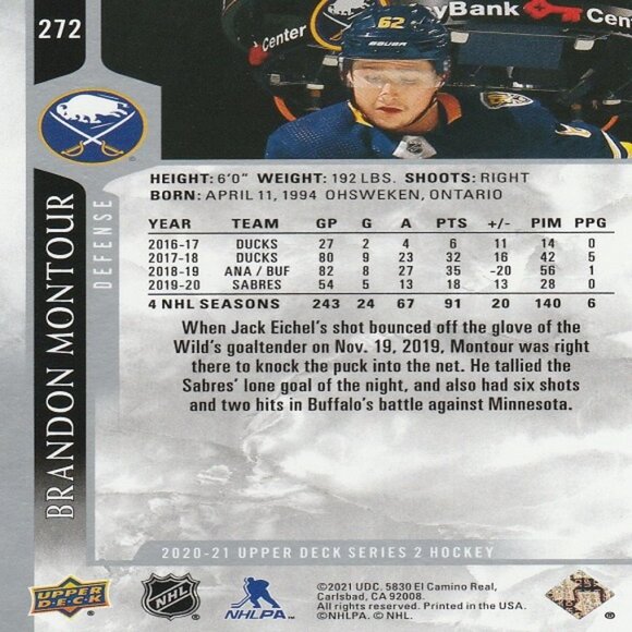 Brandon Montour - 2020/2021 Upper Deck Series 2 Hockey Card - Picture 2 of 2